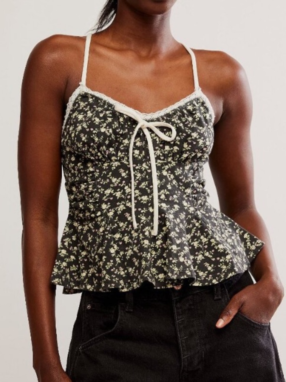 Free People Sammi Tank Top Black Ditsy Floral Lace Trim Romantic Coquette Girl M